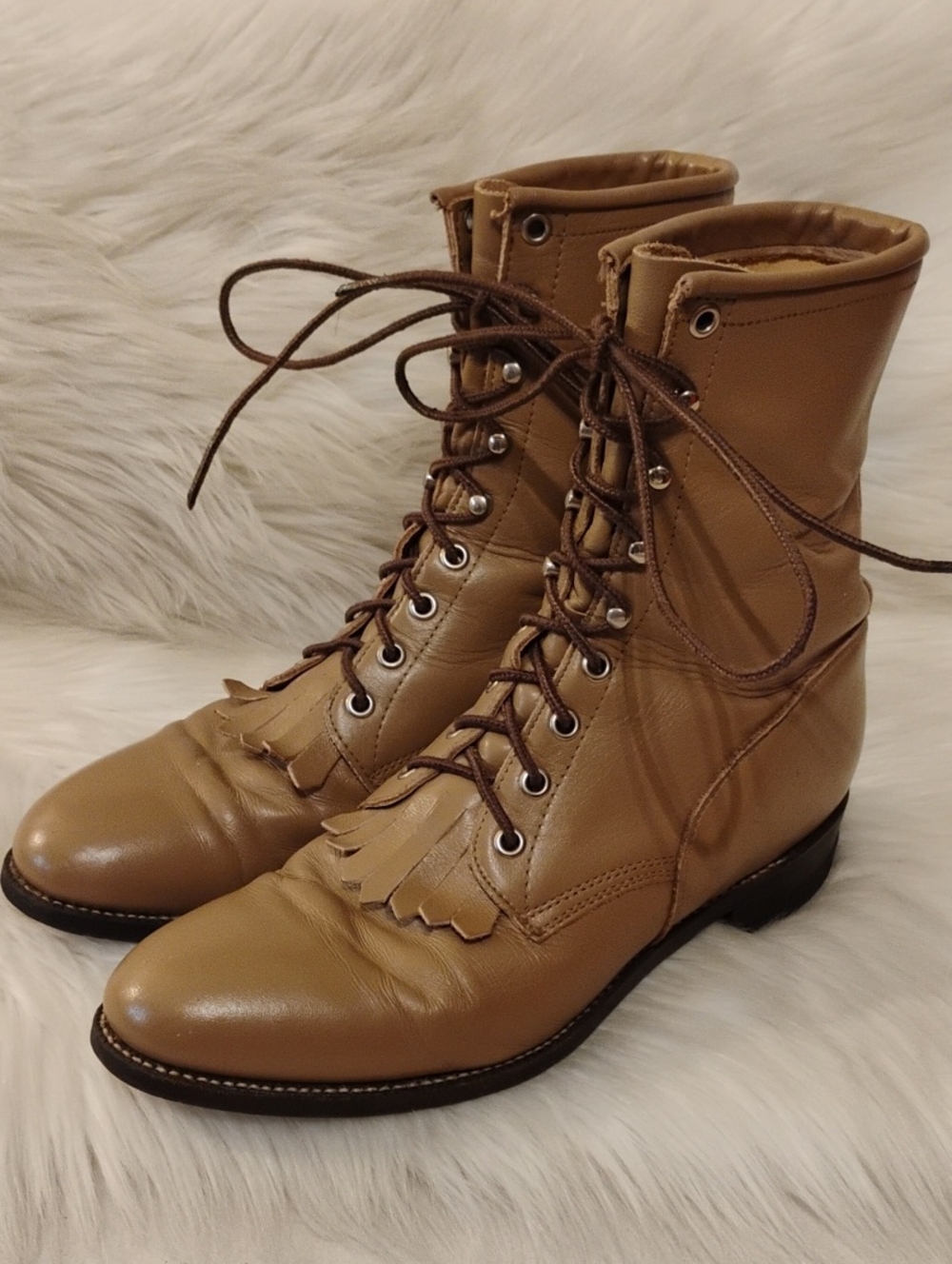 (D-5) Justin Boots Lace-Up Roper Leather Kiltie Vtg Boots
